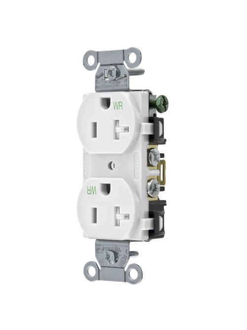 Hubbell Wiring Devices BR20WHIWRTR 125 Volt 20 Amp NEMA 5-20R White Commercial Grade Weather/Tamper Duplex Receptacle Hubbell Wiring Devices BR20WHIWRTR 125 Volt 20 Amp NEMA 5-20R White Commercial Grade Weather/Tamper Duplex Receptacle