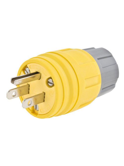 Product image for Hubbell 14W47H Straight Blade Device, Watertight Series, Elastomeric, Male Plug, 20A 125V, 2-Pole 3-Wire Grounding, 5-20P, Yellow
