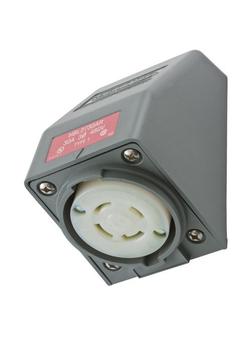Hubbell Wiring Devices HBL2730AR 30 Amp 480 Volt 3-Pole 4-Wire NEMA L16-30R Gray Angle Housing Locking Receptacle Hubbell Wiring Devices HBL2730AR 30 Amp 480 Volt 3-Pole 4-Wire NEMA L16-30R Gray Angle Housing Locking Receptacle