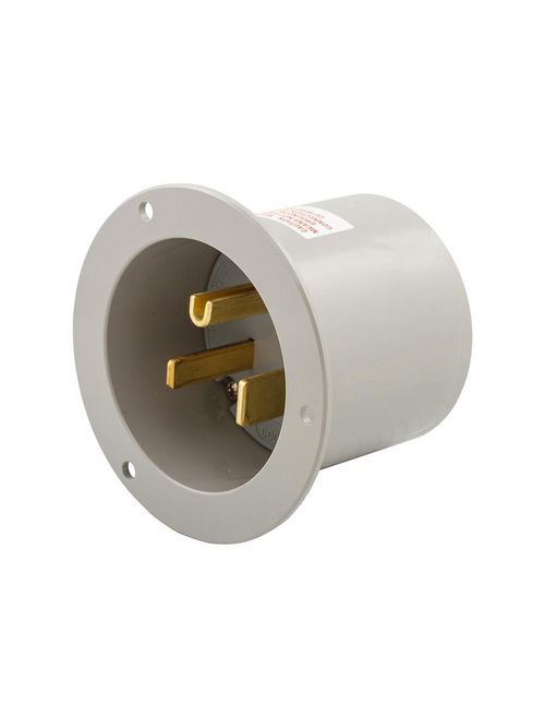 Product image for 50A 250V Straight Blade Power Flanged Inlet, 2-Pole 3-Wire Grounding, 6-50P, Industrial Spec Grade, Gray