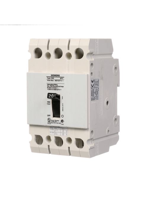 Siemens Industry CQD320 3-Pole 20 Amp 480 Star/277 VAC 14 kA Molded Case Circuit Breaker Siemens Industry CQD320 3-Pole 20 Amp 480 Star/277 VAC 14 kA Molded Case Circuit Breaker