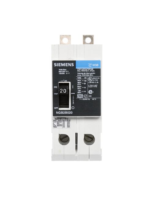 Siemens Industry NGB2B020B 2-Pole 20 Amp 600 Volt 14 kA Molded Case Circuit Breaker Siemens Industry NGB2B020B 2-Pole 20 Amp 600 Volt 14 kA Molded Case Circuit Breaker