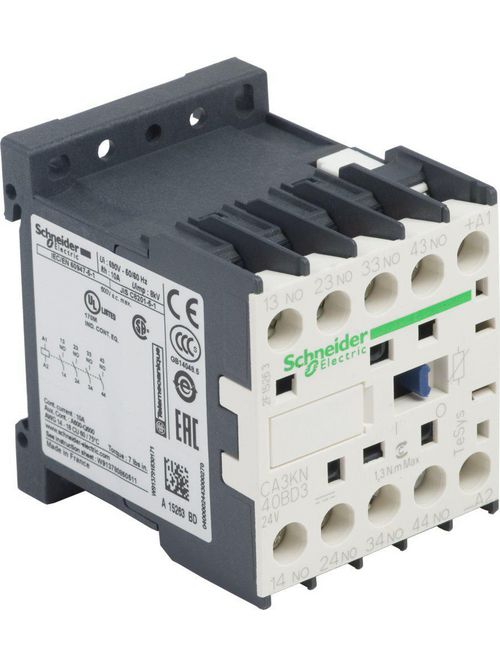 Product image for Square D CA3KN40BD3 240 VDC 24 VDC 10 Amp 3 W 4-Pole 4NO IP2X IEC Control Relay