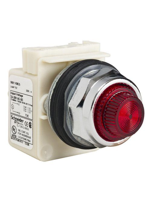 Product image for Square D 9001KP35R31 30 mm 24/28 VAC/VDC Red Lens Metal Bezel Standard Round Pilot Light