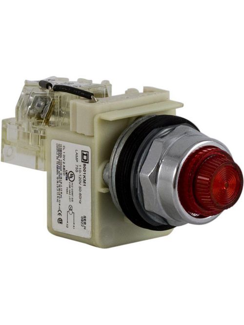 Product image for Square D 9001KT1R31 30 mm 110/120 Volt Red Lens Metal Bezel Push to Test Round Pilot Light