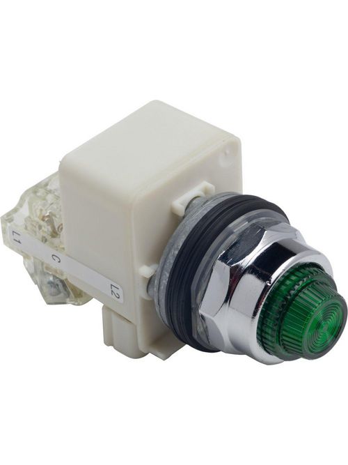 Product image for Square D 9001KT38LGG31 30.5 mm 120 VAC Green Lens Metal Bezel LED Push to Test Pilot Light