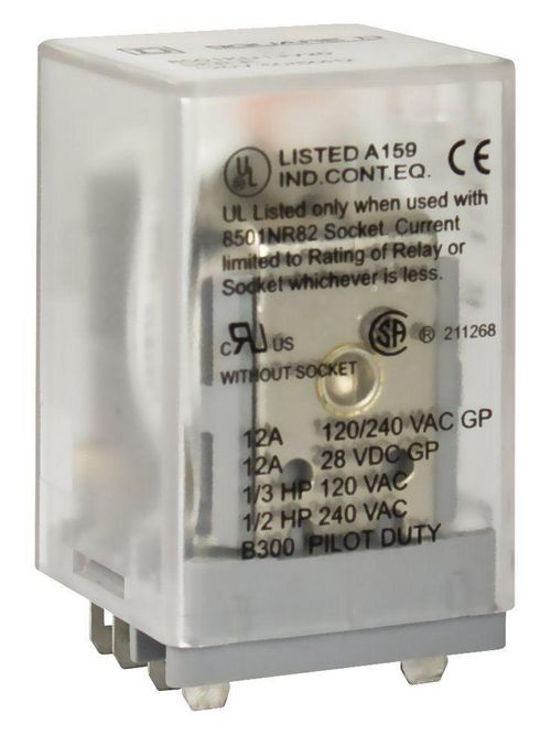 Product image for Square D 8501KUD12V51 12 VDC 10 Amp DPDT Socket/Solder Mount DC Operated Plug-In Relay