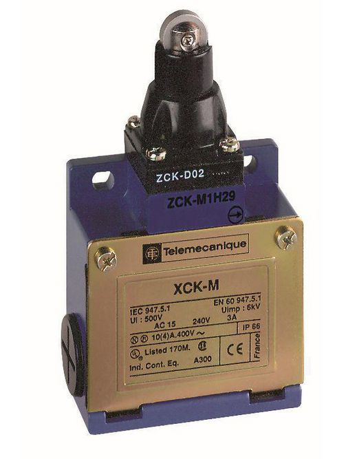 Product image for TES XCKM102 Limit switch, Limit switches XC Standard, XCKM, steel roller plunger, 1NC+1 NO, snap action, Pg11