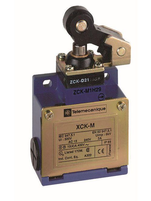 Product image for TES XCKM121 Limit switch, Limit switches XC Standard, XCKM, thermoplastic roller lever plunger, 1NC+1 NO, snap, Pg11