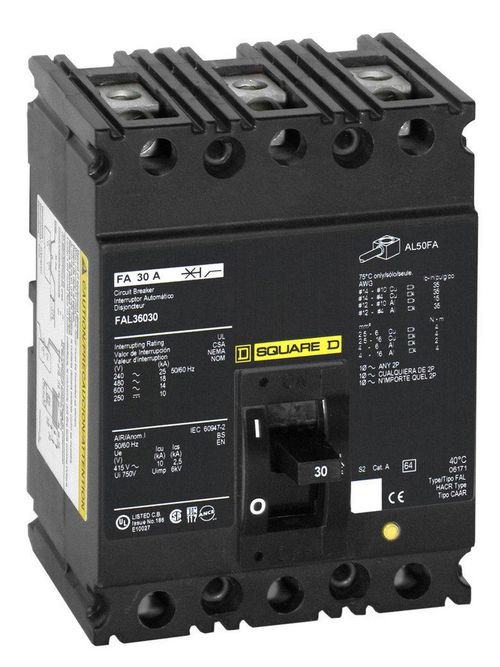 Product image for Square D FAL36050 3-Pole 50 Amp 600 Volt Thermal Magnetic Molded Case Circuit Breaker