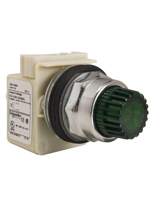 Product image for Square D 9001K2L1G 30 mm Green Body Metal Bezel Momentary Round Illuminated Push Button Operator