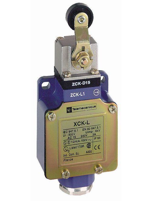Product image for TES XCKL115 Limit switch, Limit switches XC Standard, XCKL, thermoplastic roller lever, 1NC+1 NO, snap, Cable gland