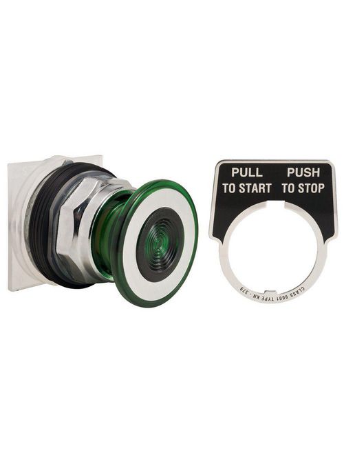 Product image for Square D 9001KR9G 30 mm Green Body Chrome Plated Metal Bezel 2-Position Mushroom Non-Illuminated Push-Pull Operator