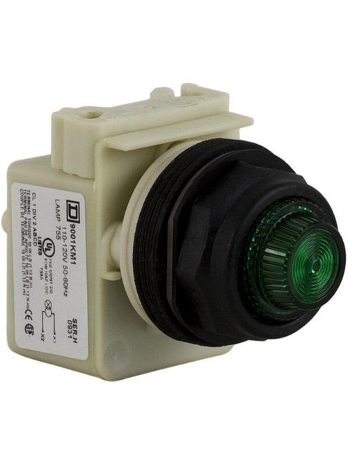 Product image for Square D 9001SKP1G31 30 mm 120 VAC Green Lens Plastic Bezel Standard Round Pilot Light