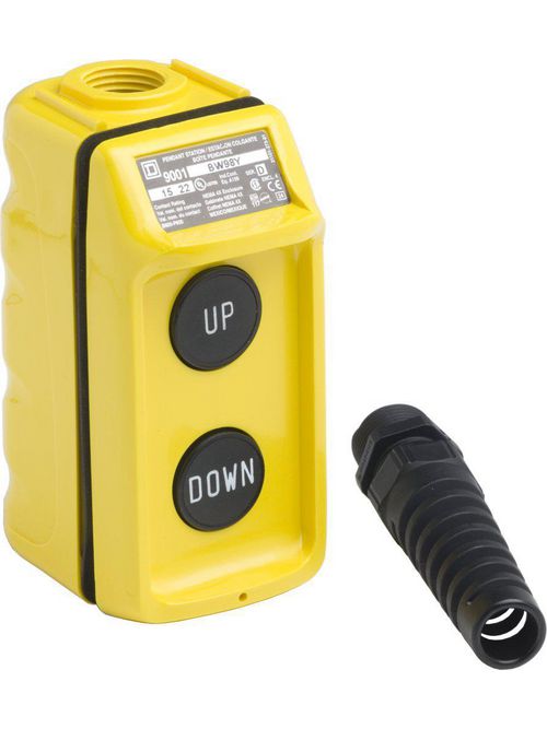 Product image for Square D 9001BW98Y 600 VAC/VDC 5 Amp 2NO Yellow Thermoplastic NEMA 1/3/3R/4/4X 2-Button 1-Speed Pendant Station