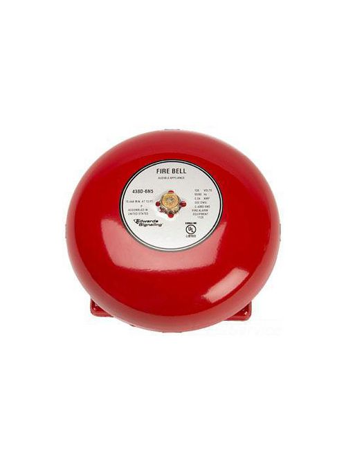 Product image for Edwards Signaling 438D-6N5-R 6 Inch Gong 120 VAC 0.034 Amp 76 dB Red Diode Polarized Vibrating Bell