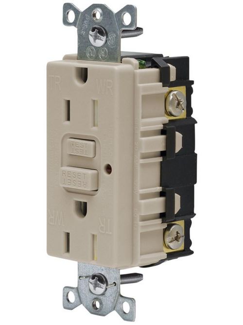 Product image for Hubbell Wiring Devices GFTR15AL 15 Amp 125 Volt 2-Pole 3-Wire NEMA 5-15R Almond Duplex GFCI Receptacle with LED Indicator