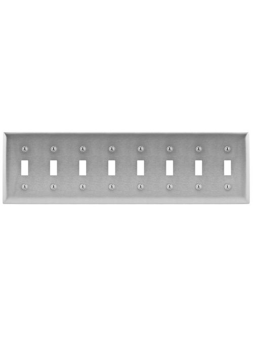 Hubbell Wiring Devices SS608 8-Gang Stainless Steel 8-Toggle Switch Strap Mount Wallplate Hubbell Wiring Devices SS608 8-Gang Stainless Steel 8-Toggle Switch Strap Mount Wallplate