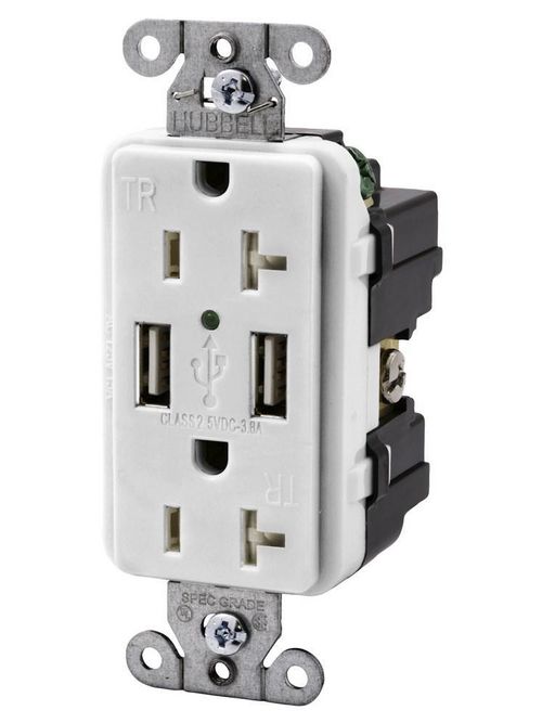 Hubbell Wiring Devices USB20X2W 20 Amp 125 Volt 2-Pole 3-Wire NEMA 5-20R White Decorator Duplex USB Charger Receptacle Hubbell Wiring Devices USB20X2W 20 Amp 125 Volt 2-Pole 3-Wire NEMA 5-20R White Decorator Duplex USB Charger Receptacle
