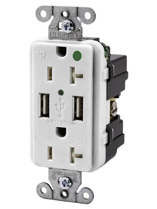 Hubbell Wiring Devices USB8300W 20 Amp 125 Volt 2-Pole 3-Wire NEMA 5-20R White Decorator Duplex USB Charger Receptacle Hubbell Wiring Devices USB8300W 20 Amp 125 Volt 2-Pole 3-Wire NEMA 5-20R White Decorator Duplex USB Charger Receptacle