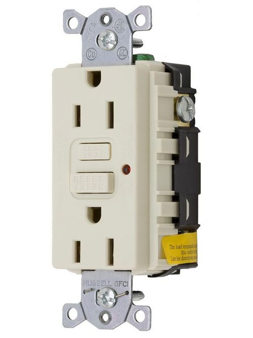 Product image for Hubbell Wiring Devices GF15ALLA 15 Amp 125 Volt 2-Pole 3-Wire NEMA 5-15R Almond Duplex GFCI Receptacle with LED Indicator
