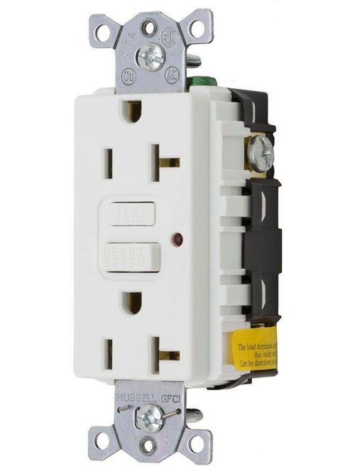 Product image for Hubbell GF20WLU 20 Amp 125 Volt 2-Pole 3-Wire NEMA 5-20R White GFCI Receptacle with LED Indicator