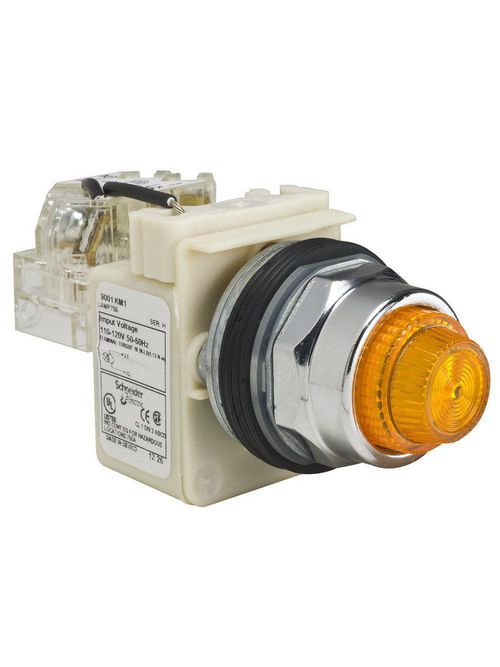 Product image for Square D 9001KT1A31 30 mm 120 VAC Amber Lens Metal Bezel Push to Test Round Pilot Light