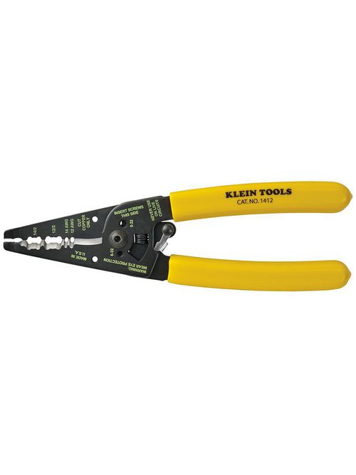 Product image for Klein Tools 1412 7.7 Inch 14 and 12 AWG Yellow/White Handle Dual NM Cable Stripper/Cutter