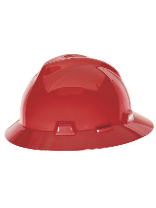 Product image for MSA Safety 475371 Red Polyethylene Shell Standard Non-Slotted Protective Hat with Fas-Trac III Ratchet Suspension