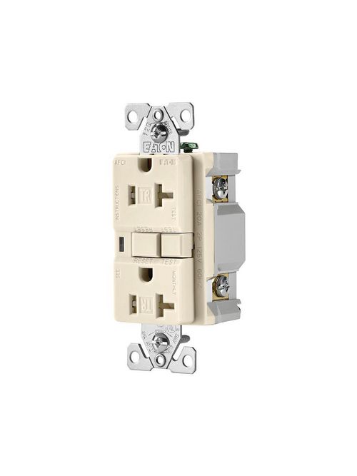 Product image for Eaton Wiring Devices TRAFCI20LA 20 Amp 125 VAC 2-Pole 3-Wire NEMA 5-20R Light Almond AFCI Duplex Receptacle