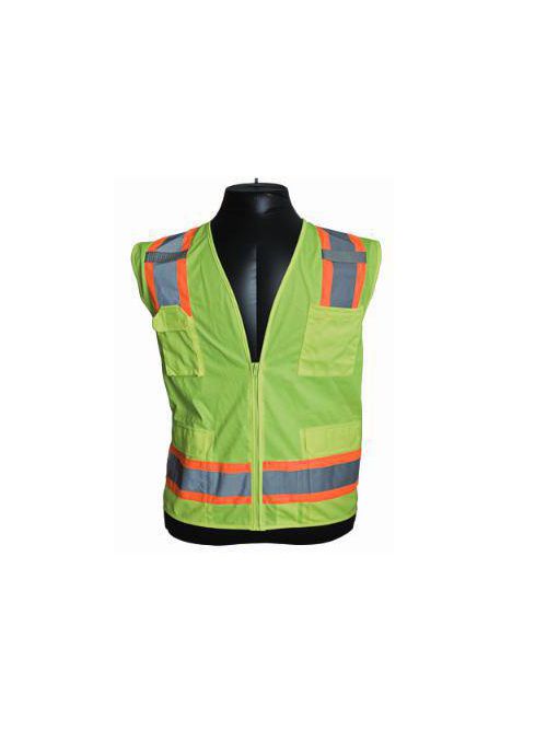 Product image for PIP 302-0500-YEL/2X Yellow 2XL ANSI Class 2 Two-Tone Six Pocket Surveyors Vest with Solid Front and Mesh Back