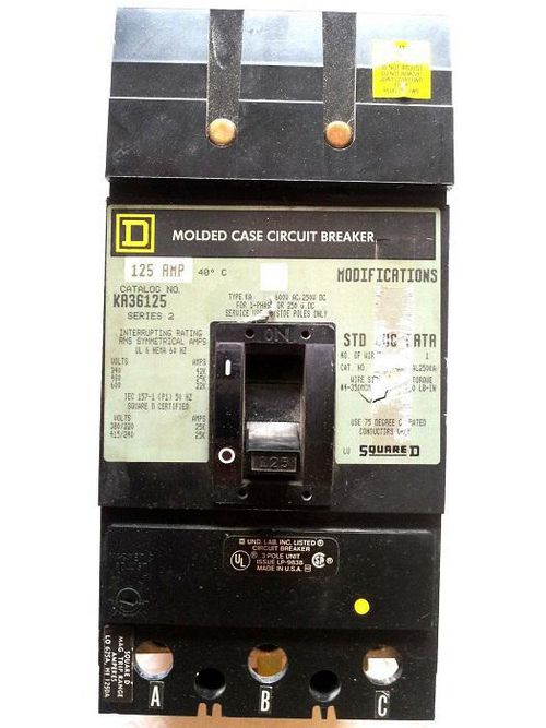 Product image for Square D KA36125 3-Pole 125 Amp 600 Volt Thermal Magnetic Molded Case Circuit Breaker