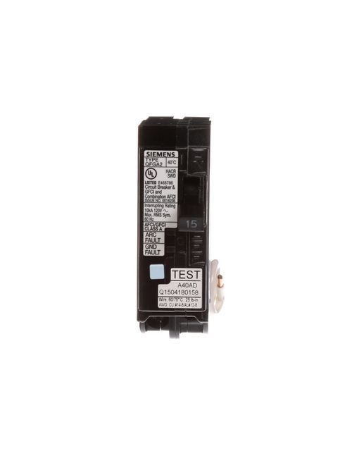 Siemens Industry Q115DF 1-Pole 15 Amp 120 VAC 10 kA Dual Function Arc Fault/Ground Fault Circuit Breaker Siemens Industry Q115DF 1-Pole 15 Amp 120 VAC 10 kA Dual Function Arc Fault/Ground Fault Circuit Breaker