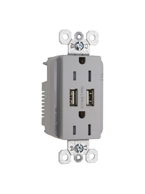 Pass & Seymour TR-5262USBGRY Fed Spec Grade USB Charger with Tamper Resistant Gray 15 Amp Duplex Receptacles Pass & Seymour TR-5262USBGRY Fed Spec Grade USB Charger with Tamper Resistant Gray 15 Amp Duplex Receptacles