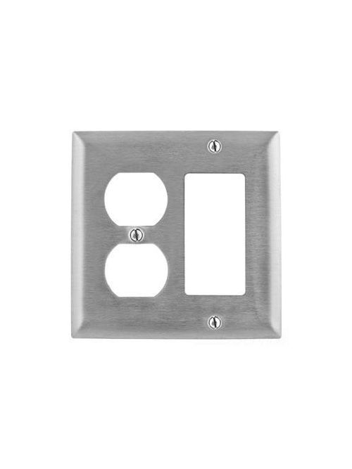 Product image for Hubbell Wiring Devices S826 2-Gang Stainless Steel 1-Duplex Receptacle 1-Rectangular Device Wallplate