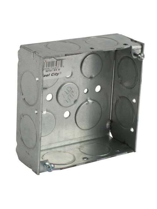 Steel City 52151-3/4-W 4" Steel Square Box, 1-1/2" Deep, 21 cu.in. w/ 3/4" & 1/2" KOs Steel City 52151-3/4-W 4" Steel Square Box, 1-1/2" Deep, 21 cu.in. w/ 3/4" & 1/2" KOs