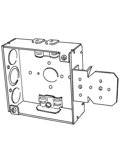 Product image for Appleton 4SRB-EK 4" Square Outlet/Switch Box w/NM Cable Clamps & Stud NL Bracket, 1-1/2" Deep, 21cu.in, 1/2" Eccentric Knockouts, Welded, Steel
