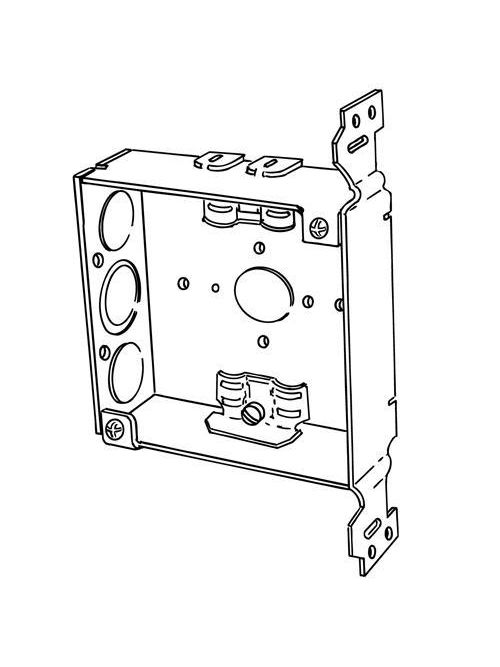 Product image for Appleton 4SRVB-EK-PL 4" Square Outlet/Switch Box w/NM Cable Clamps & Offset Vertical Bracket, 1-1/2" Deep, 21cu.in, 1/2" Eccentric Knockouts, Welded, Steel