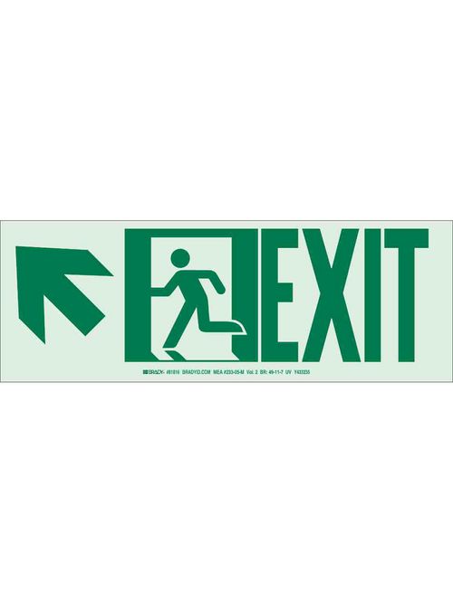 Product image for Brady 81815 BradyGlo NYC Approved Exit With Running Man And Up/Left Arrow Sign, 5" H x 14" W