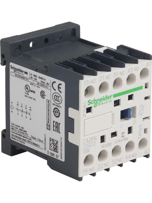 Product image for Square D CA2KN22G72 120 VAC 10 Amp 4.5 VA 4-Pole 2NO 2NC IEC Control Relay