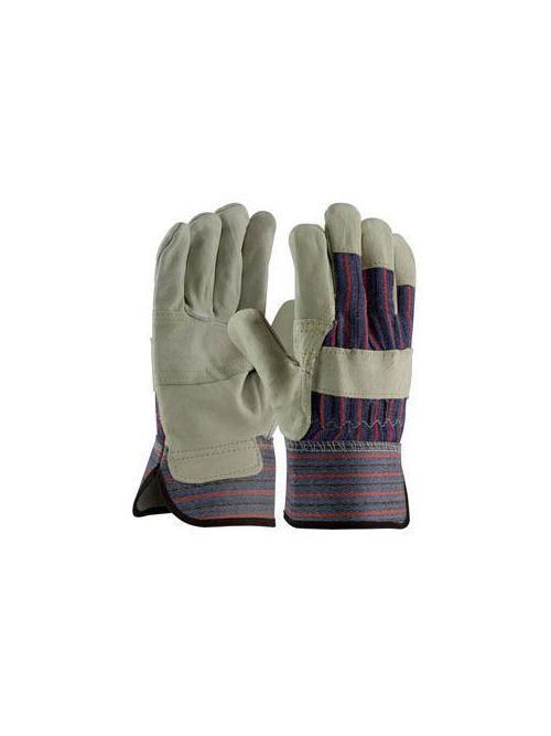 Product image for PIP 87-1563P Large Blue/Black/Red Top Grain Cowhide Leather Gunn Pattern Reinforced Palm Safety Cuff Protective Gloves