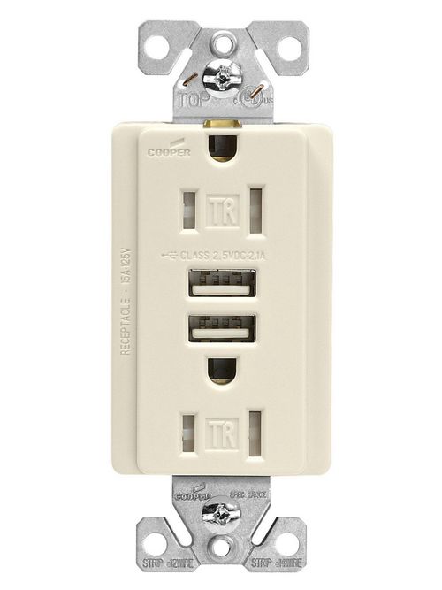 Product image for Arrow Hart Wiring TR7755LA-BOX 15 Amp 125 VAC 2-Pole 3-Wire NEMA 5-15R Light Almond Combination USB Charger with Receptacle