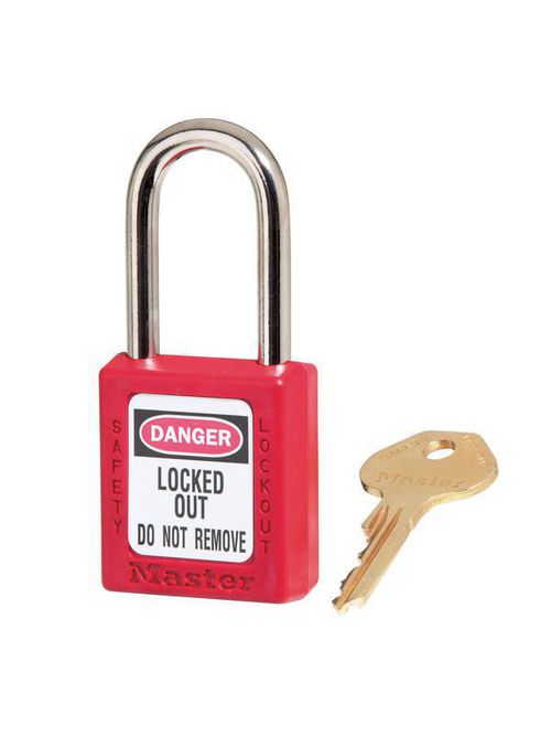 Product image for MasterLock 410-RED Safety Padlock with "Locked Out" Sticker. 1-1/2" Shackle
