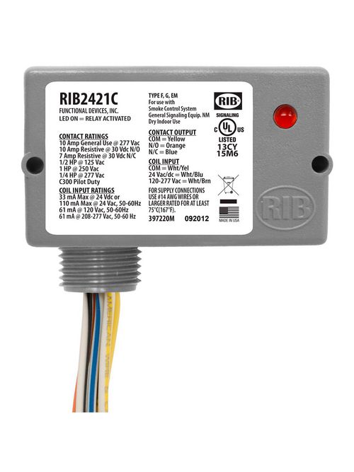 Product image for Functional Devices RIB2421C 10 Amp 24 VAC/VDC 120 to 277 VAC SPDT Enclosed Pilot Relay