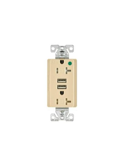 Product image for Arrow Hart Wiring TR8355V 20 Amp 125 VAC 2-Pole 3-Wire NEMA 5-20R Ivory USB Charger with Straight Blade Duplex Receptacle