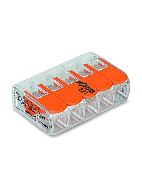 Product image for Wago 221-415/VE00-1000 5-Conductor #12 AWG Push-In Lever-Nuts® Wire Splicing Connector, #24-#12 Solid/Stranded, Clear w/Orange Lever (1000/Carton)