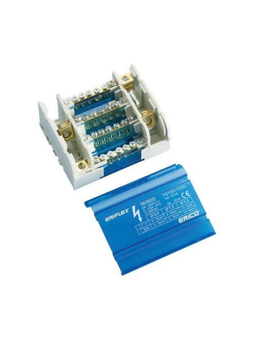 Product image for Erico 563820 Four Pole Distribution Block, 100/125 A, 1 Line Side & 6 Load Side Connections