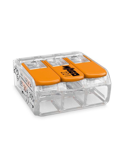 Product image for Wago 221-413/VE00-2500 3-Conductor #12 AWG Push-In Lever-Nuts® Wire Splicing Connector, #24-#12 Solid/Stranded, Clear w/Orange Lever (2500/Carton)