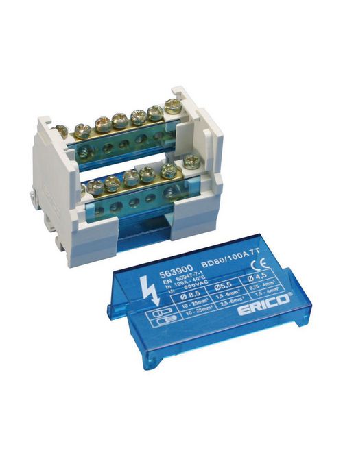 Product image for Erico 563900 Two Pole Distribution Block, 80/100 A, 1 Line Side & 6 Load Side Connections