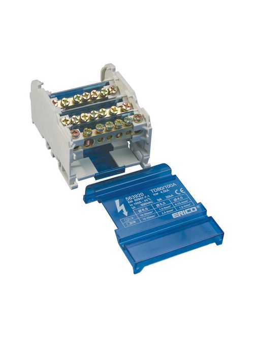 Product image for Erico 563740 Four Pole Distribution Block, 40 A, 2 Line Side & 11 Load Side Connections